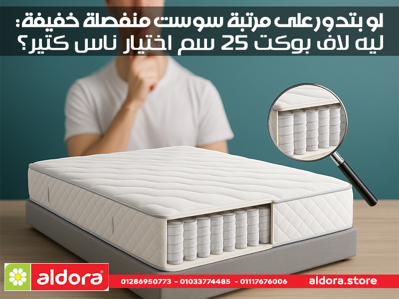 لو بتدور على مرتبة سوست منفصلة خفيفة: ليه لاف بوكت 25 سم اختيار ناس كتير؟